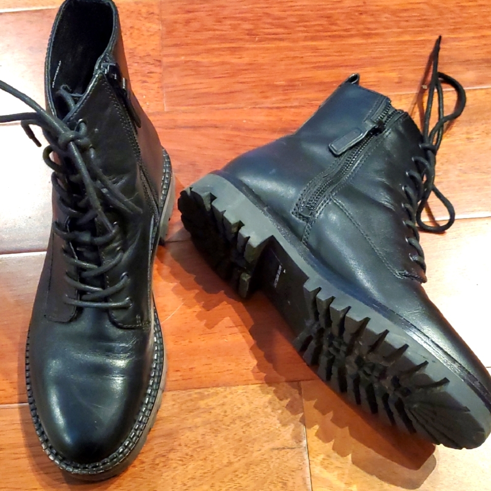 VINCE WOMEN'S's Black Leather COMBAT Boots WATER REPELLENT